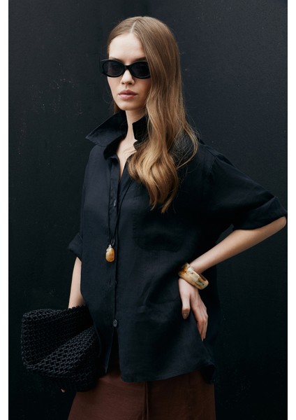 Born Kadın Keten Gömlek Siyah