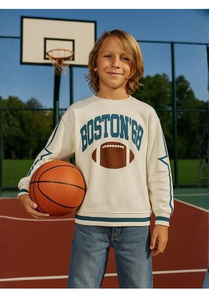 Erkek Çocuk Boston Yazılı Tasarım Oversize Sweatshirt