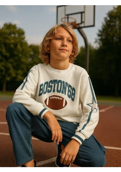 Erkek Çocuk Boston Yazılı Tasarım Oversize Sweatshirt modelleri