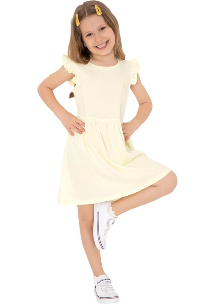 Kız Çocuk Limon Fırfır Kollu Bisiklet Yaka Pamuk Örme Elbise