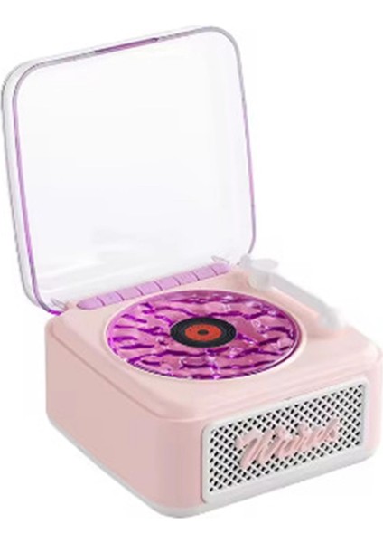 Nostalji Mini Plak Görünümlü Radyolu Bluetooth Hoparlör 3D Ses Dalgası Retro Müzik Plak Pembe