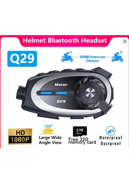 Q29 Motosiklet Kask Bluetooth Kulaklık Eşleşmeli 1080P Kamera Geniş Açı Su Geçirmez Intercom