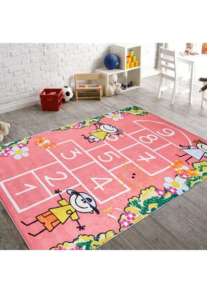 Belfort Figürlü Pembe Pamuk ve Polyester Kaydırmaz Taban Dijital Baskı Çocuk Halısı modelleri