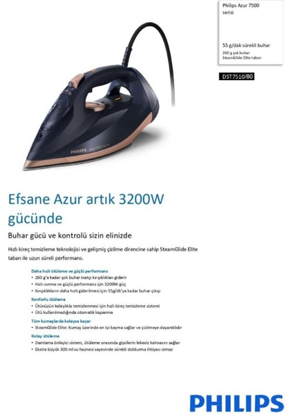 Yüksek Performanslı 7500 Serisi 3200 W Buharlı Ütü, Siyah