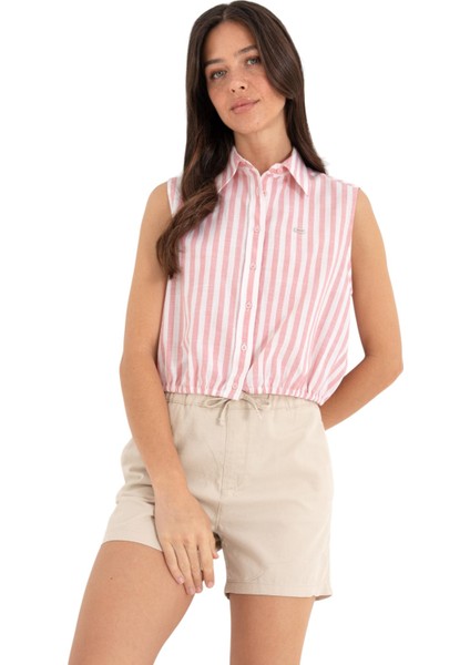Kadın Pembe Çizgili Kısa Kollu Gömlek