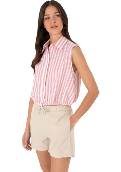 Kadın Pembe Çizgili Kısa Kollu Gömlek fiyatları