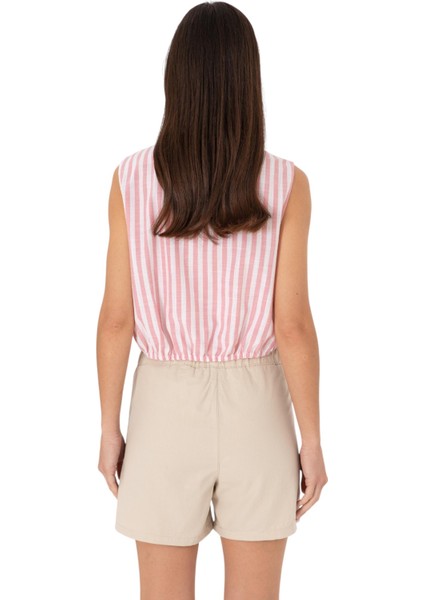 Kadın Pembe Çizgili Kısa Kollu Gömlek fırsatları