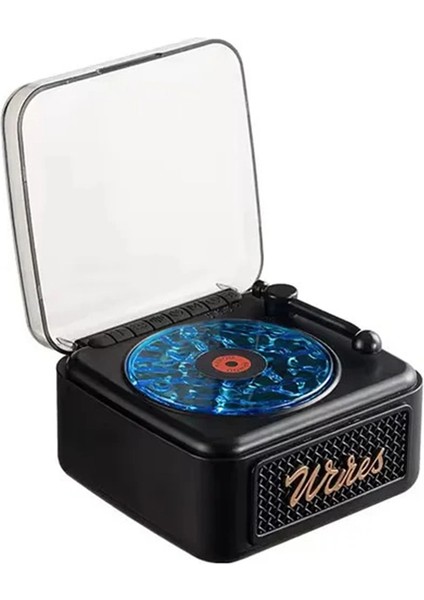 Nostalji Mini Plak Görünümlü Radyolu Bluetooth Hoparlör 3D Ses Dalgası Retro Müzik Plak Siyah