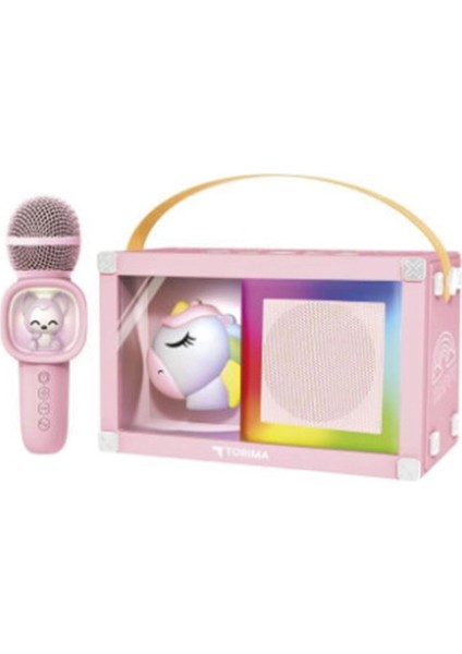 Taşınabilir Rgb Işılı Sevimli Figürlü Mikrofonlu Karaoke Bluetooth Hoparlör Pembe