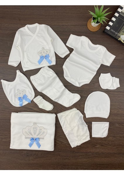 “bebek 10’lu Hastane Çıkış Seti Taç Desenli Pamuklu Yenidoğan Kız Erkek 0-3 Ay (Mavi & Pembe)”