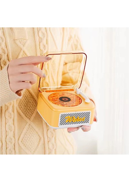 Nostalji Mini Plak Görünümlü Radyolu Bluetooth Hoparlör 3D Ses Dalgası Retro Müzik Plak Sarı modelleri