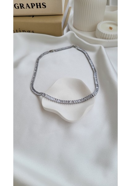 Vıp Silver Baget Taşlı Suyolu Kolye Kalın