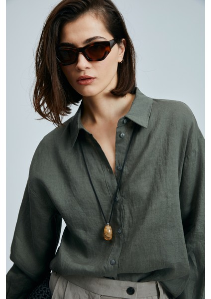 Barrı Kadın Keten Gömlek Siyah