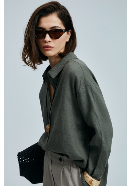 Barrı Kadın Keten Gömlek Siyah