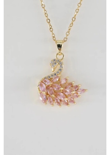 Kuğu Figürlü Çelik Gold Renkli Taşlı Kolye