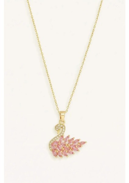 Kuğu Figürlü Çelik Gold Renkli Taşlı Kolye modelleri