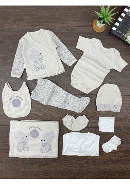 “bebek 10’lu Hastane Çıkış Seti Gri Ayıcık Desenli Pamuklu Yenidoğan Kız Erkek 0-3 Ay”