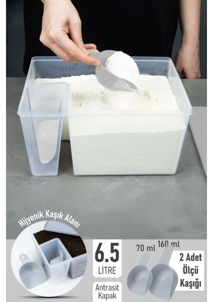 Ölçü Kaşıklı Un Şeker Deterjan Saklama Istifleme Kabı Ölçülü Saklama Kutusu 6.5 Litre Antrasit