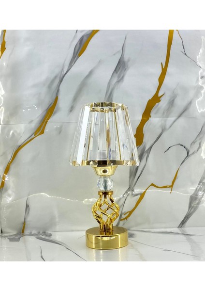 Gold Kaplama Mini Burgu Ayaklı Konik Kristal Cam Şapkalı Modern Abajur Modelleri