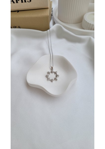 Gümüş Zirkon Taşlı Zarif Yuvarlak Çelik Kolye