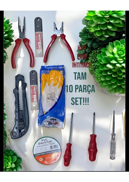 10 Parça Tamir Seti – Bay-Tec Tornavida, Kontrol Kalemi, Pense, Kargaburnu, Eldiven, Maket Bıçağı, Yedek Uç, Izole Bant