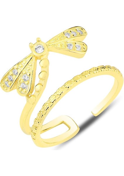 Gümüş Altın Yaldızlı Zirkon Taşlı Yusufçuk Modeli Ayarlamalı Eklem Yüzük SGTL12158GOLD