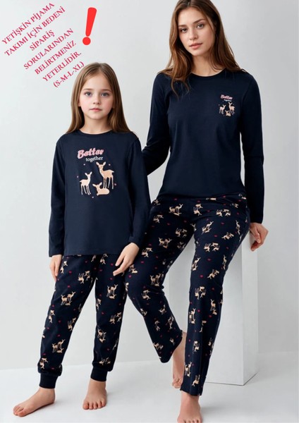%100 Pamuklu Anne & Kız Çocuk Baskılı Lacivert Ikili Pijama Takımı L1.AR.345.0.002