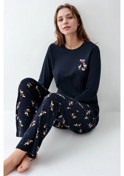 %100 Pamuklu Anne & Kız Çocuk Baskılı Lacivert Ikili Pijama Takımı L1.AR.345.0.002