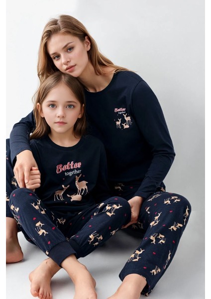 %100 Pamuklu Anne & Kız Çocuk Baskılı Lacivert Ikili Pijama Takımı L1.AR.345.0.002