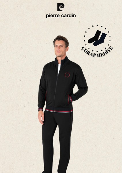 Erkek Regular Fit Fermuarlı Çizgi Detay Pamuklu & Likralı Eşofman Takımı (Hediye Çorap)