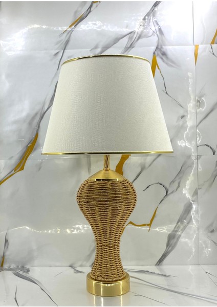 Metal ve Örme Gold Ayaklı Hasır Krem Gold Şeritli Modern Şapkalı Abajur Modelleri fiyatları