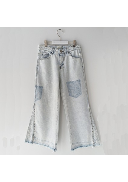 Bol Paça Taş Işlemeli Püsküllü Kız Çocuk Denim Pantolon Buz Mavi Renk Kız Taşlı Pantolon 001-0002094
