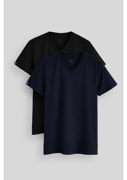 Standart Fit Basic V Yaka 2li Paket Siyah-Lacivert Erkek T-Shirt - 87912