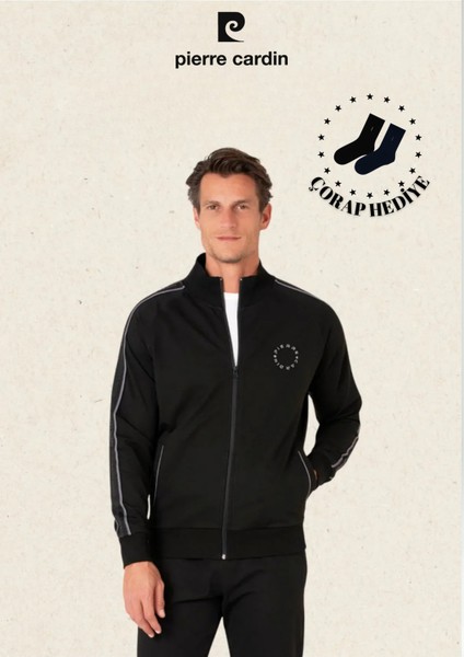 Erkek Giyim Regular Fit Fermuarlı Koldan Çizgi Detaylı Pamuklu Eşofman Takımı (Hediye Çorap)