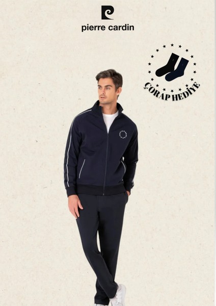 Erkek Giyim Regular Fit Fermuarlı Koldan Çizgi Detaylı Pamuklu Eşofman Takımı (Hediye Çorap)