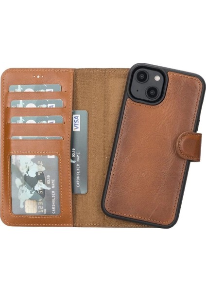 Apple iPhone 14 Uyumlu Deri Cüzdanlı Kılıf Mwwn RST2EF Taba