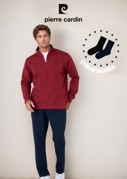 Erkek Giyim %100 Pamuk Yarım Fermuarlı Eşofman Takımı (Çorap Hediye) L1.PC.6116.001