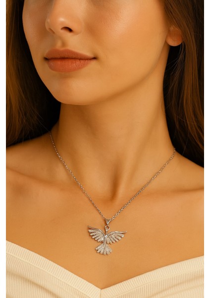 Gümüş Renk Sf Zincir Zirkon Taşlı Anka Kuş Çelik Kolye - 3408