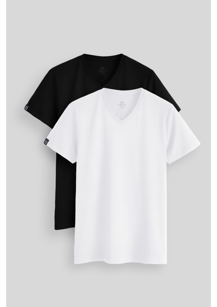 Standart Fit Basic V Yaka 2li Paket Siyah-Beyaz Erkek T-Shirt - 87912