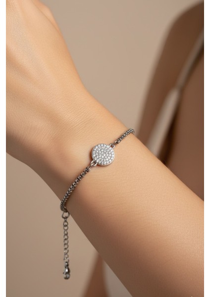 Gümüş Renk Yuvarlak Beyaz Taşlı Model Arnavut Zincir Çelik Bileklik - 3678