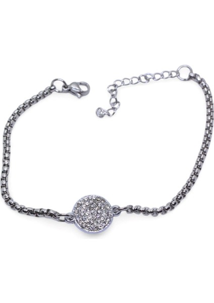 Gümüş Renk Yuvarlak Beyaz Taşlı Model Arnavut Zincir Çelik Bileklik - 3678 modelleri