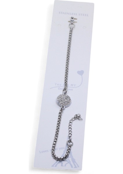 Gümüş Renk Yuvarlak Beyaz Taşlı Model Arnavut Zincir Çelik Bileklik - 3678 fırsatları