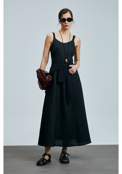Selene Kadın Askılı Keten Elbise Siyah