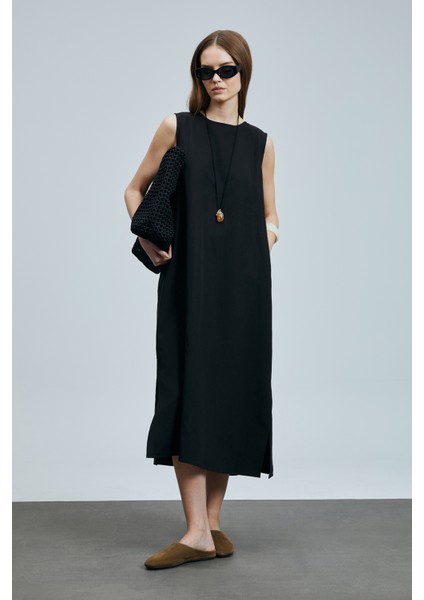 Grace Kadın Lyocell Karışımlı Keten Elbise Siyah