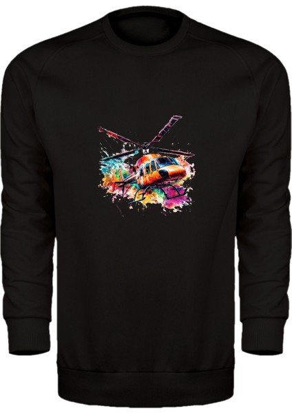 Renkli Helikopter Temalı Unisex Sweatshirt