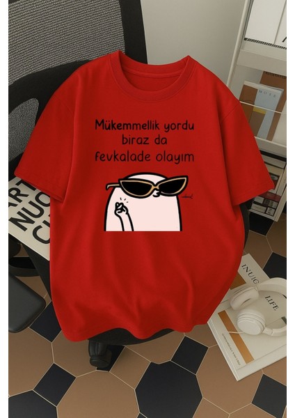 Fevkalade Baskılı Unisex Bisiklet Yaka Pamuk Oversize Boyfriend T-Shirt
