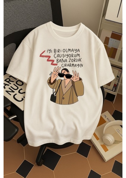 Iyi Biri Olmaya Çalışıyorum Baskılı Unisex Bisiklet Yaka Pamuk Oversize Boyfriend T-Shirt