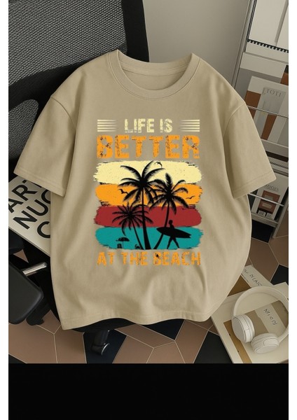Unisex Erkek/kadın Life Is Better Renkli Baskılı Oversize Pamuklu T-Shirt
