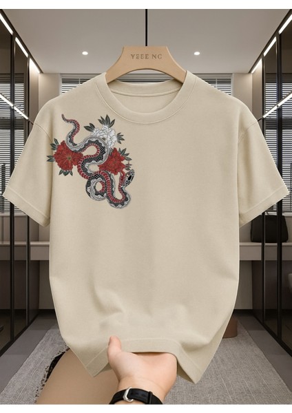 Sağda Ejderha Baskılı Unisex Bisiklet Yaka Pamuk Oversize Boyfriend T-Shirt