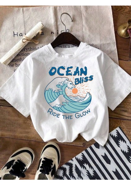 Unisex Erkek/kadın Okyanus Baskılı Oversize Pamuklu T-Shirt